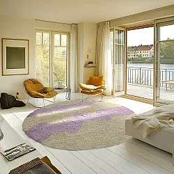 Round rug - Amira Natural Cotton Shaggy (beige/purple)