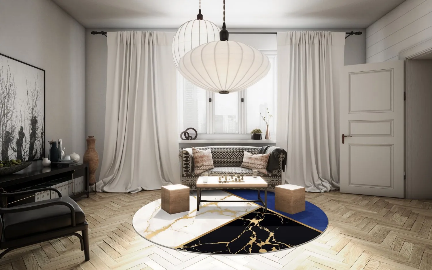 Round rug - Canelli (black/white/blue)