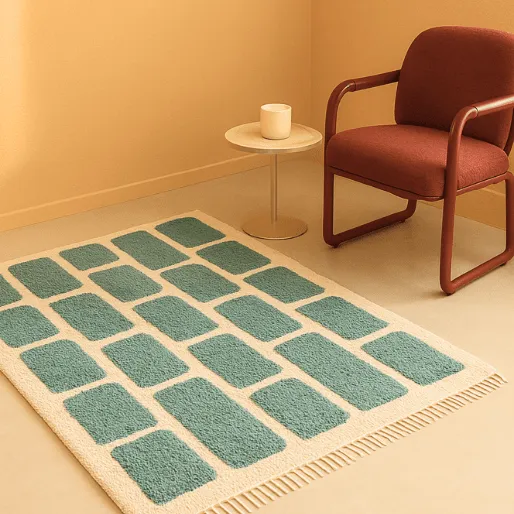 The Cyrus shaggy rug with turquoise rectangles on a beige background, placed in a modern corner with a red chair and a small round side table.