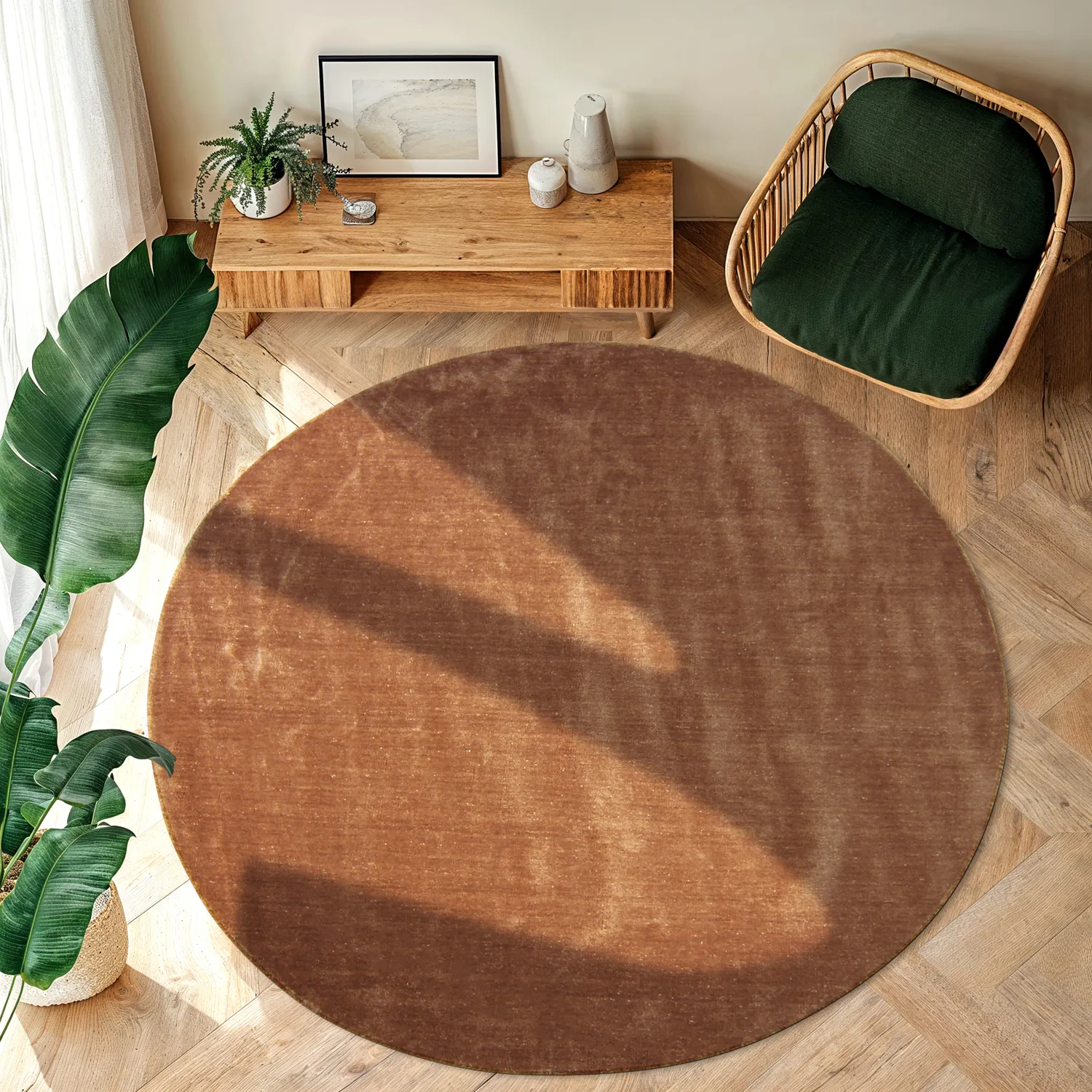 Round rug - Recycled PET with viscose look (brown)