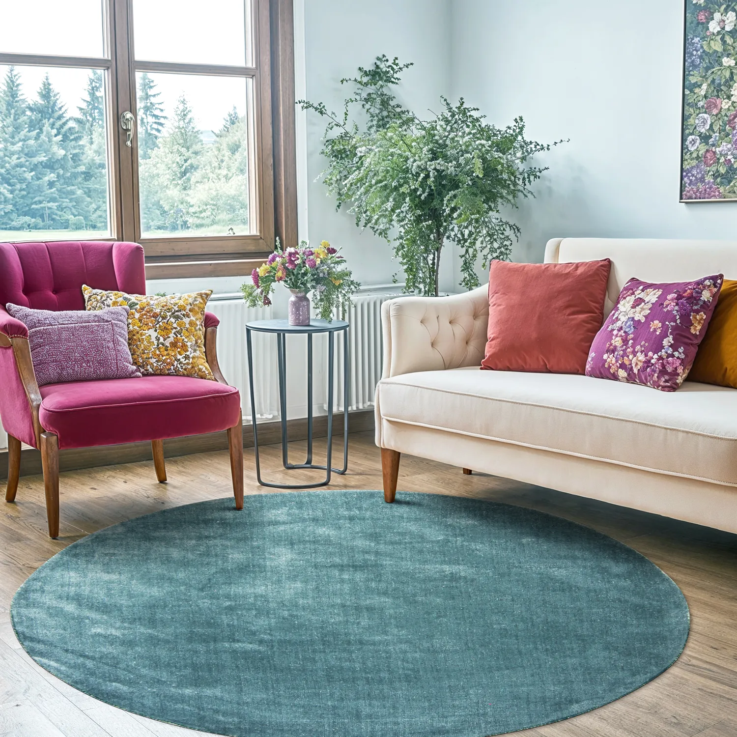 Round rug - Recycled PET with viscose look (steel blue)
