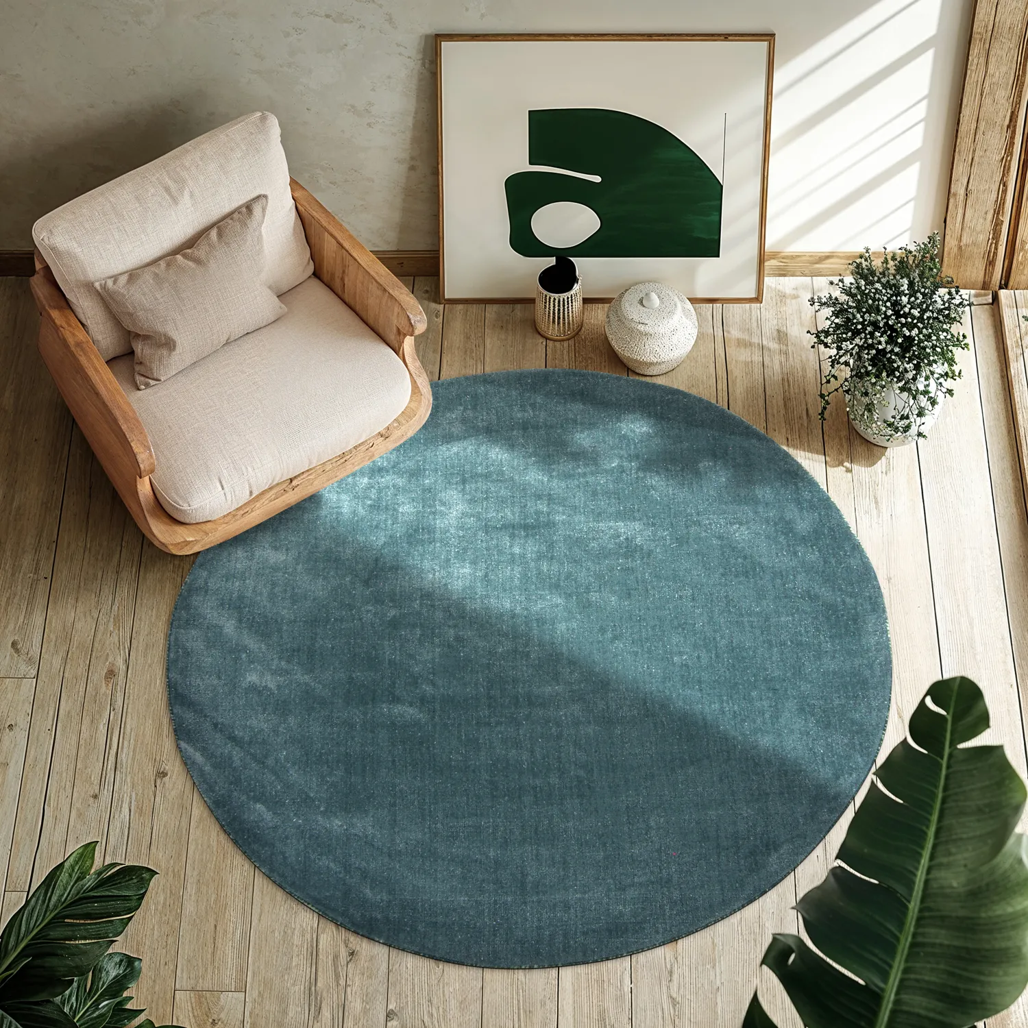 Round rug - Recycled PET with viscose look (steel blue)