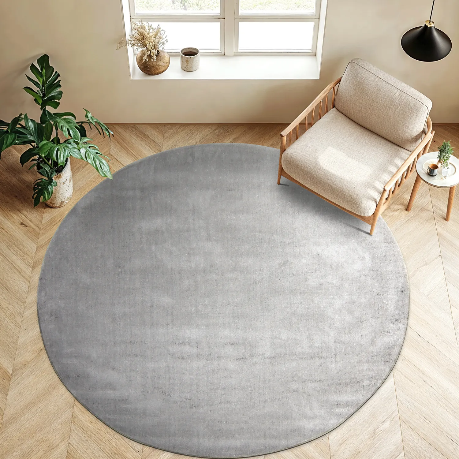 Round rug - Recycled PET with viscose look (grey)
