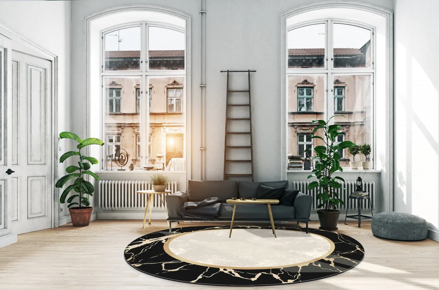 Round rug - Cerasia (black/white/gold)