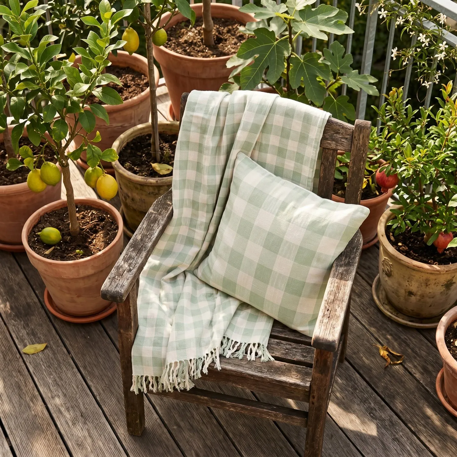Throws - Isela check cotton throw (cream/light green)