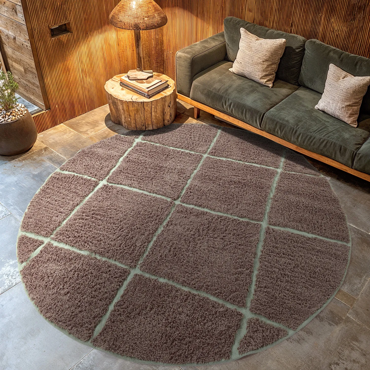 Round rug - Bellevue Natural Cotton Shaggy (taupe/green)