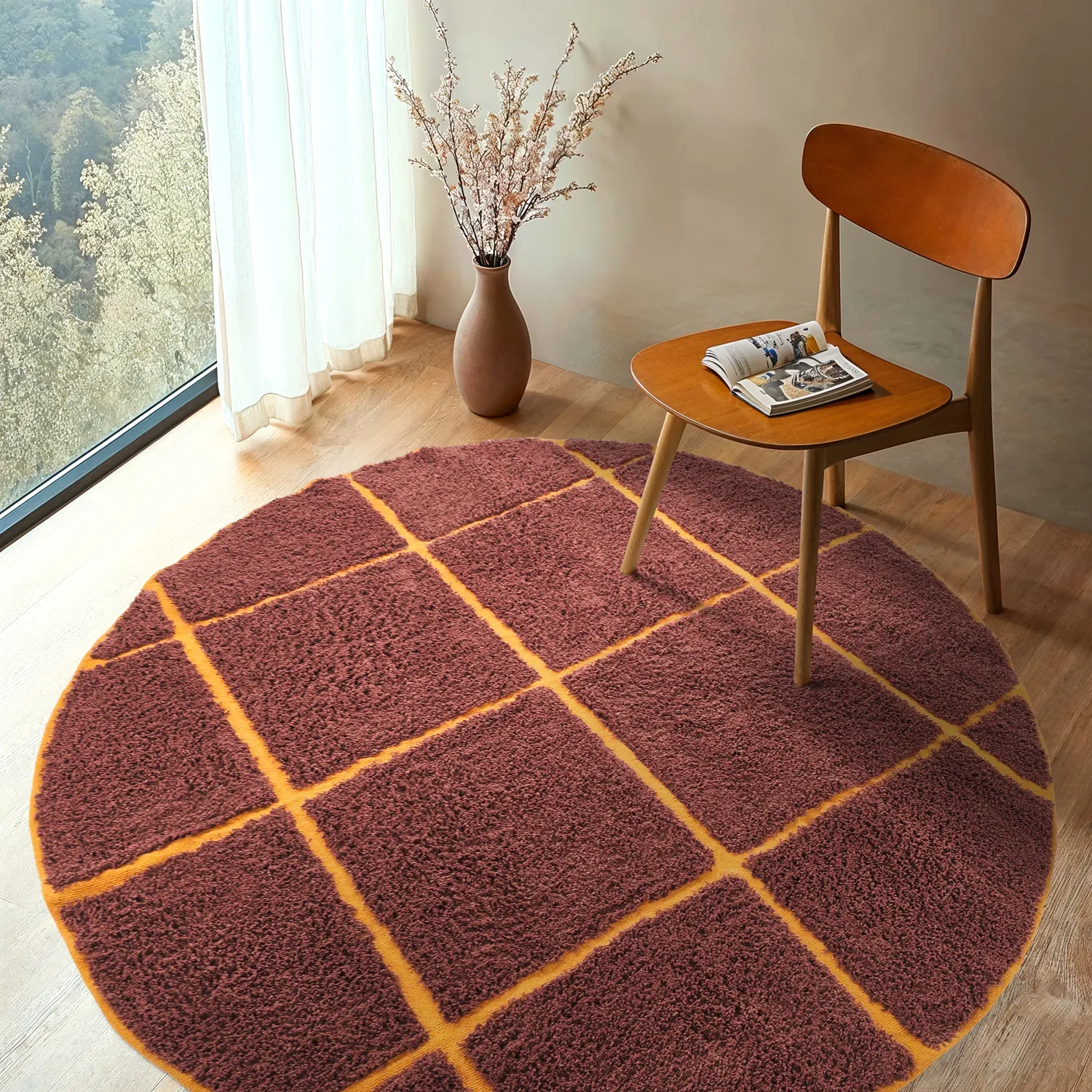 Round rug - Bellevue Natural Cotton Shaggy (red/orange)