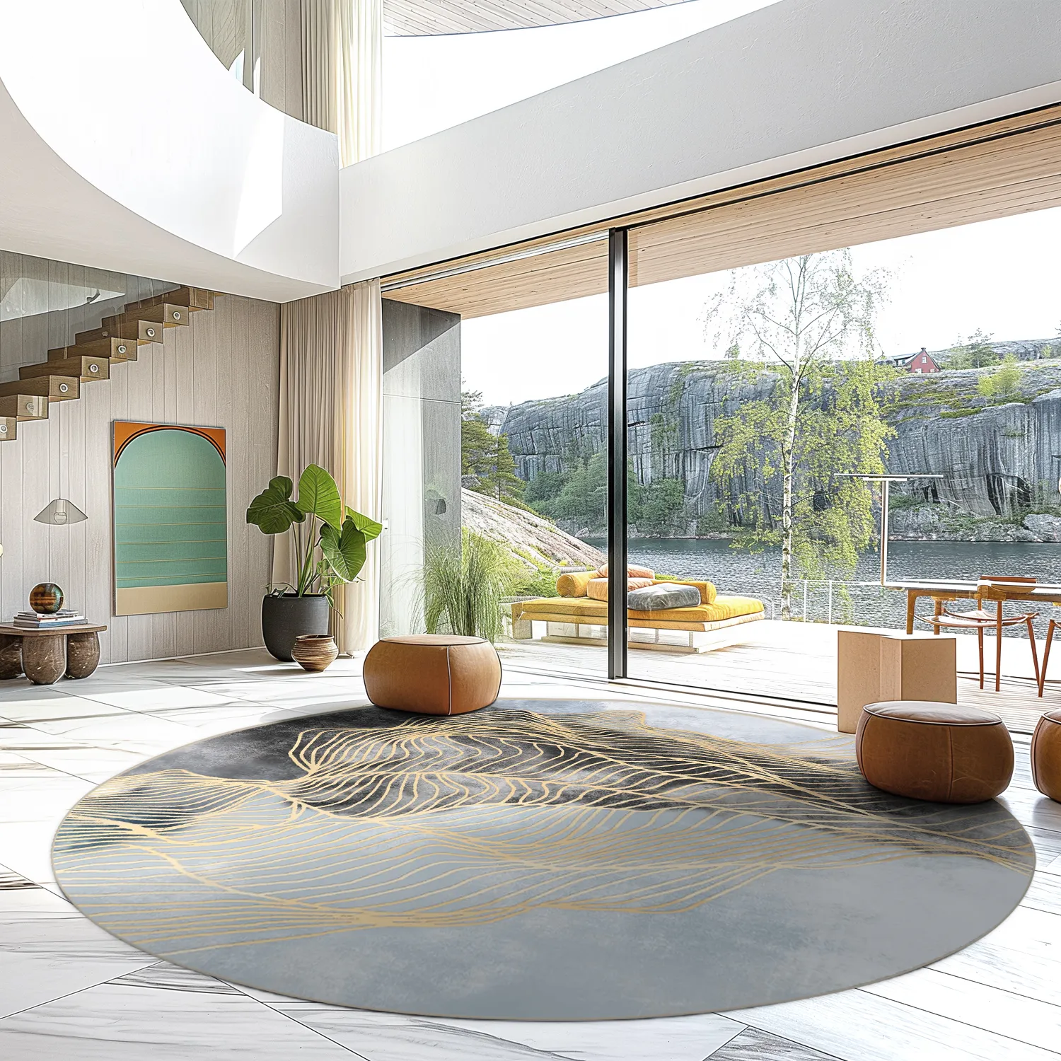 Round rug - Ekual (blue/grey/gold)