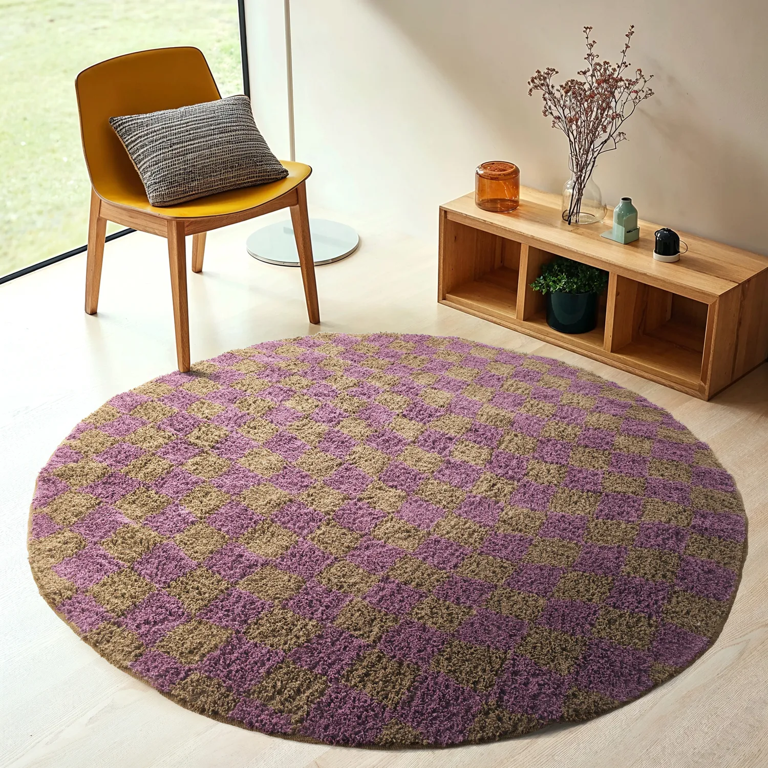 Round rug - Elsey Natural Cotton Shaggy (brown/purple)