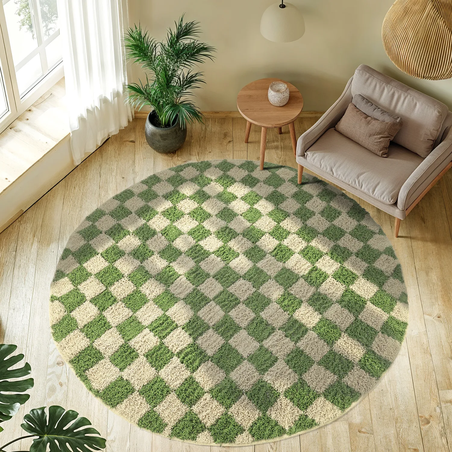 Round rug - Elsey Natural Cotton Shaggy (green/beige)