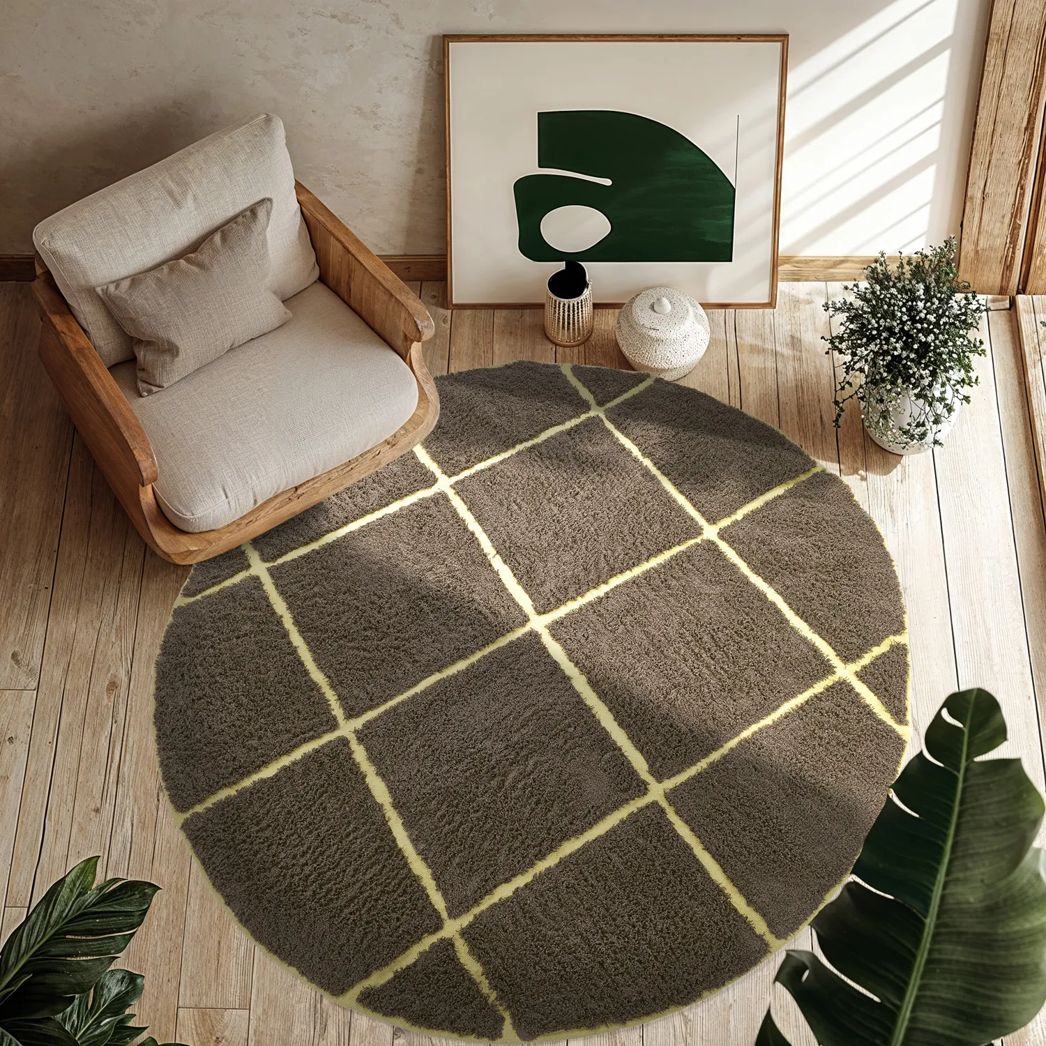 Round rug - Bellevue Natural Cotton Shaggy (brown/yellow)