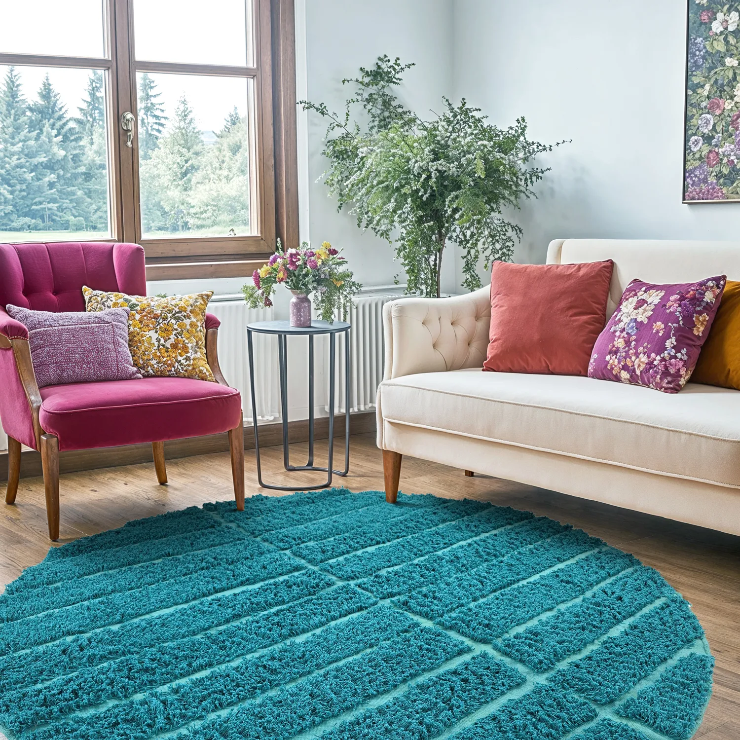Round rug - Ikara Natural Cotton Shaggy (turquoise)