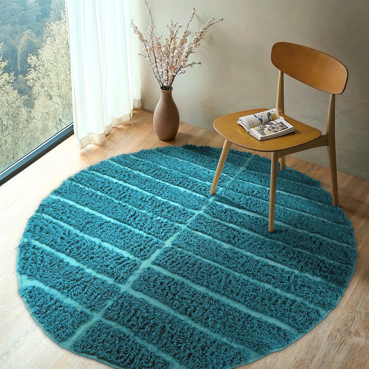 Round rug - Ikara Natural Cotton Shaggy (turquoise)