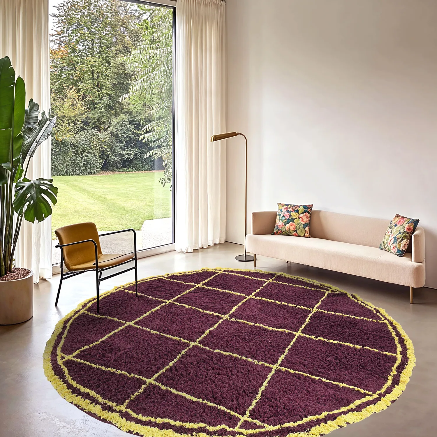 Round rug - Lana Natural Cotton Shaggy (burgundy/yellow)