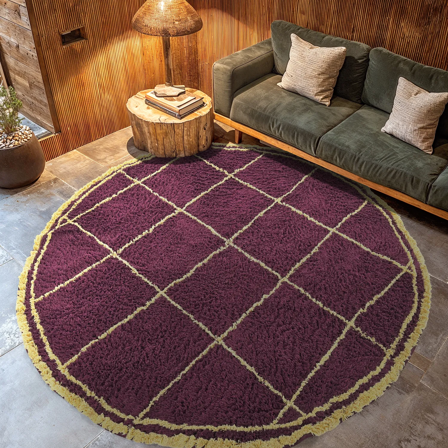 Round rug - Lana Natural Cotton Shaggy (burgundy/yellow)