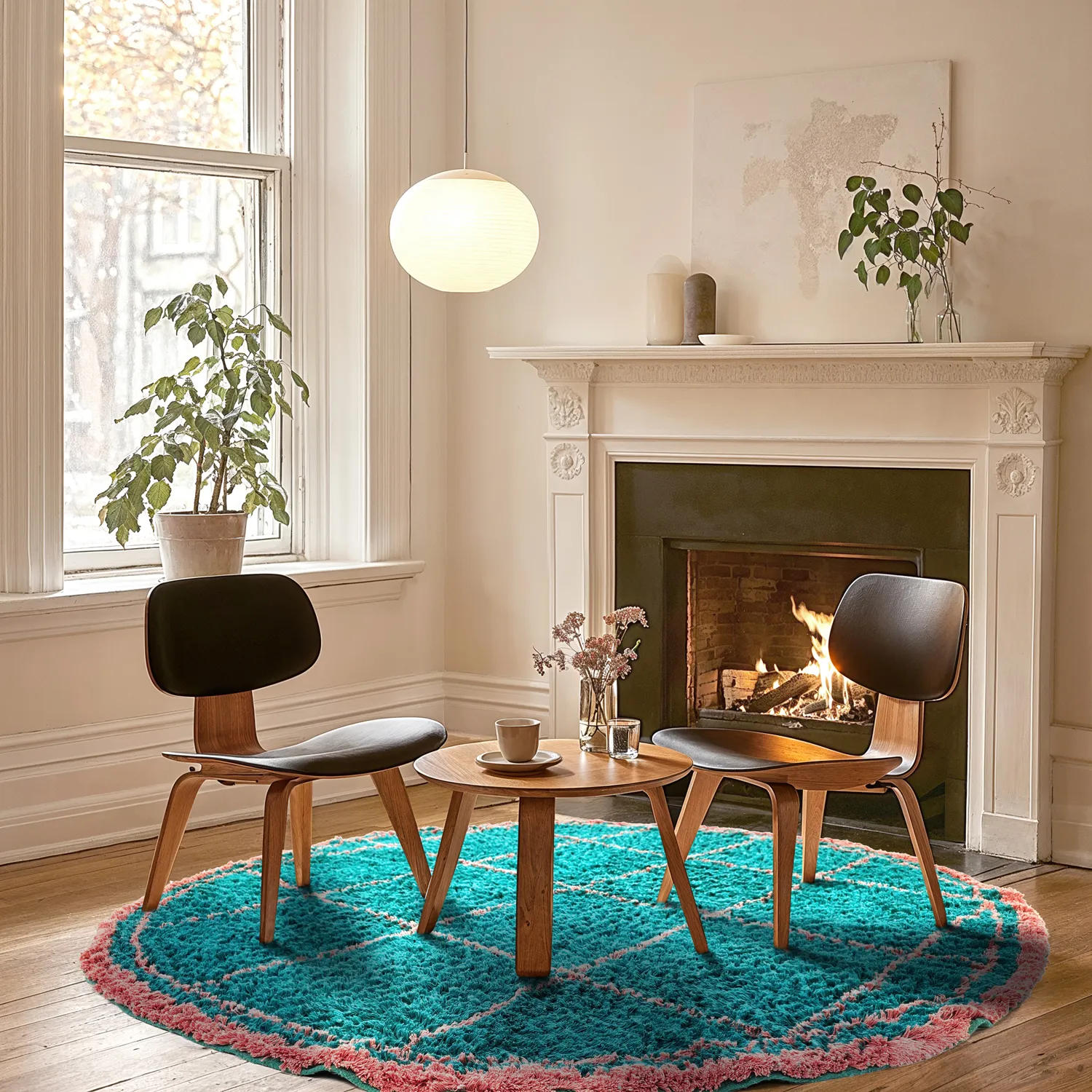 Round rug - Lana Natural Cotton Shaggy (turquoise/pink)