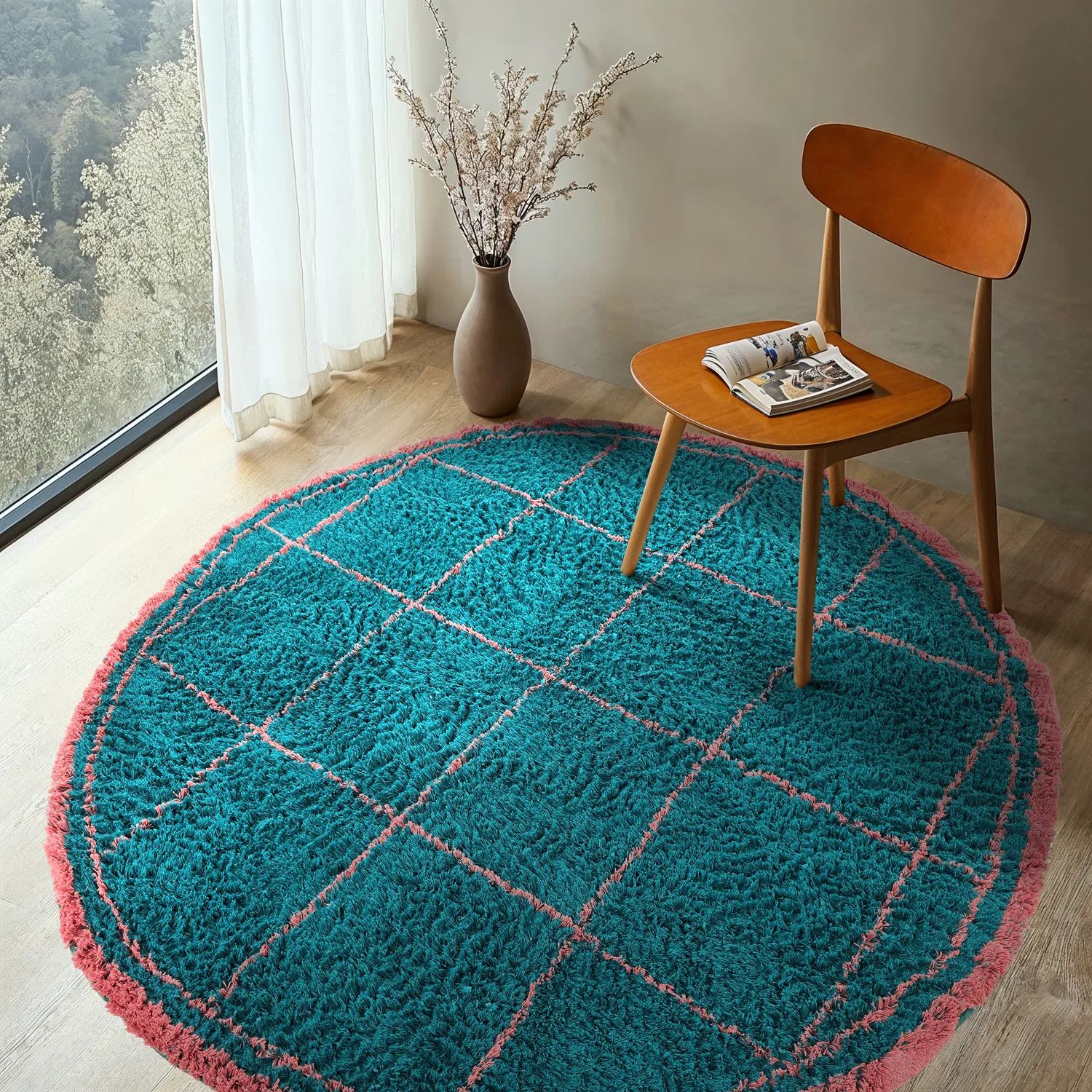 Round rug - Lana Natural Cotton Shaggy (turquoise/pink)