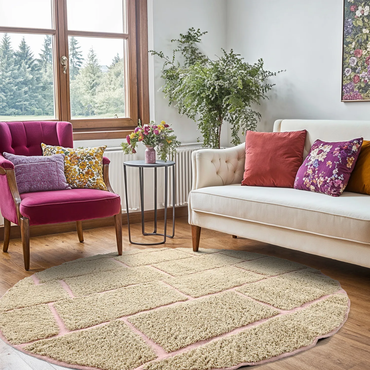 Round rug - Lindley Natural Cotton Shaggy (beige/pink)