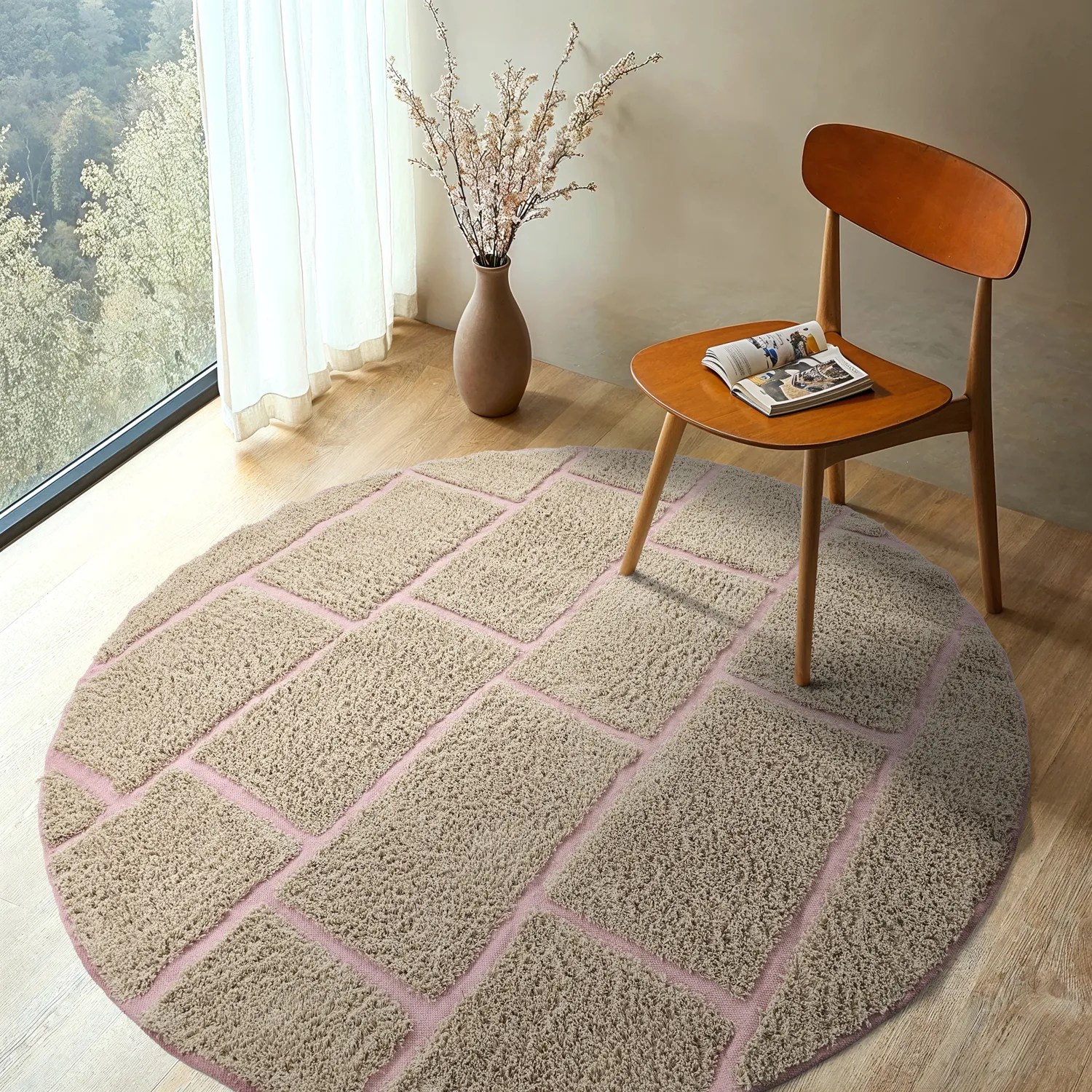 Round rug - Lindley Natural Cotton Shaggy (beige/pink)