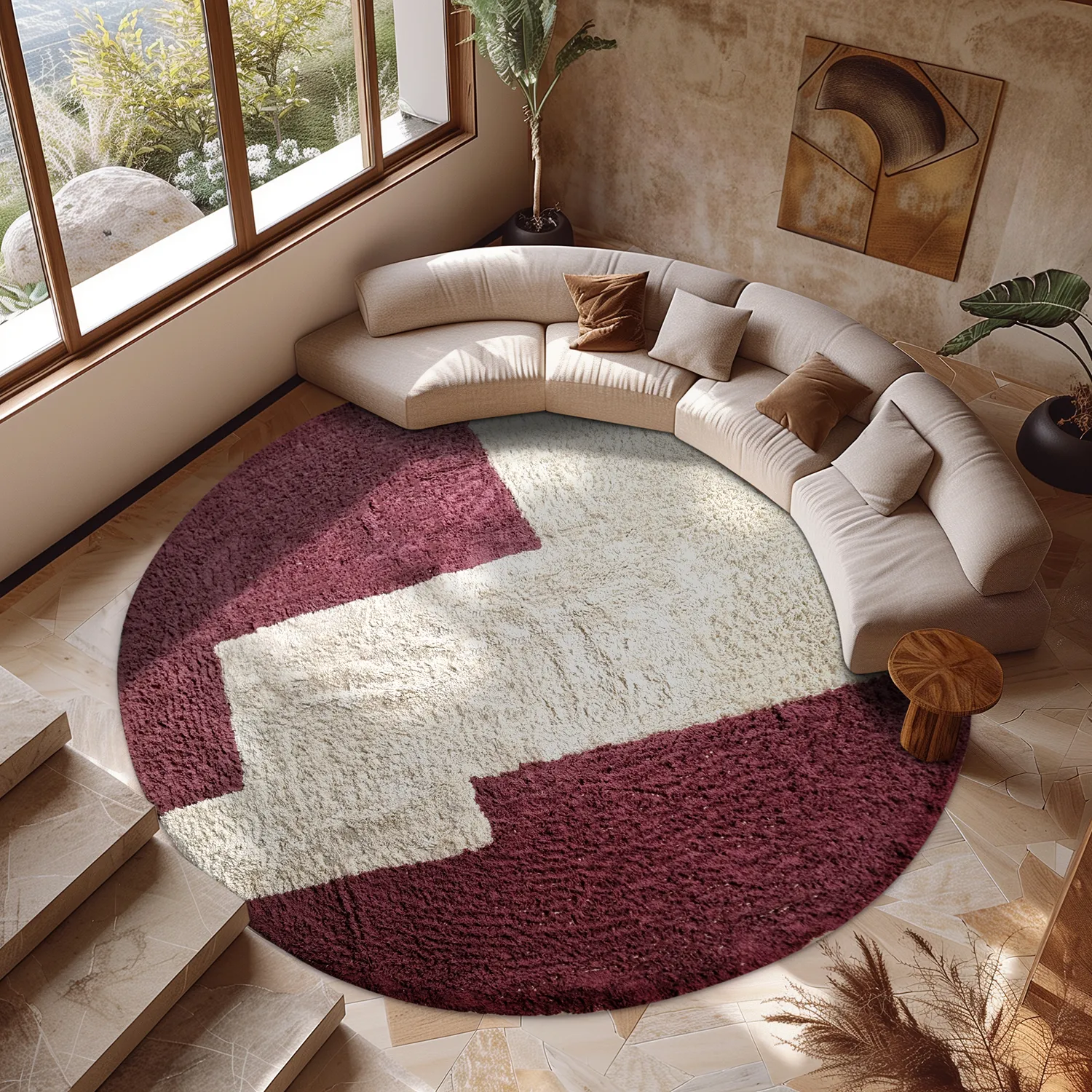Round rug - Ricco Natural Cotton Shaggy (offwhite/burgundy)