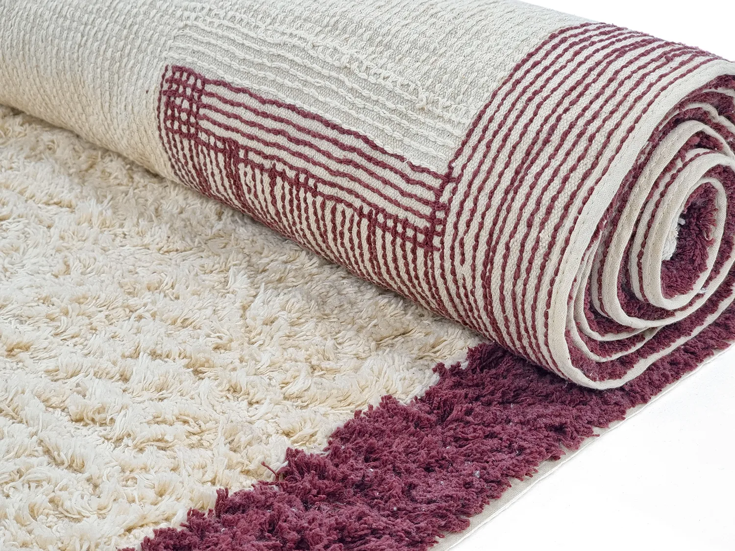 Round rug - Ricco Natural Cotton Shaggy (offwhite/burgundy)