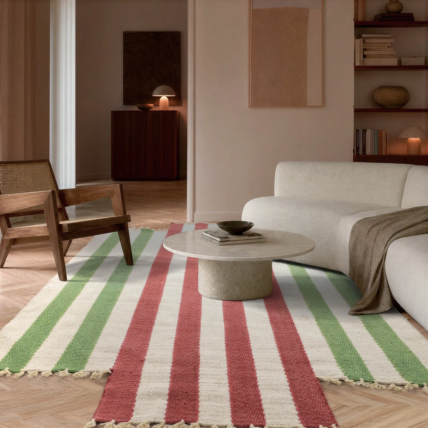 Irregular wool rug - Kystaro (cream/green/red)