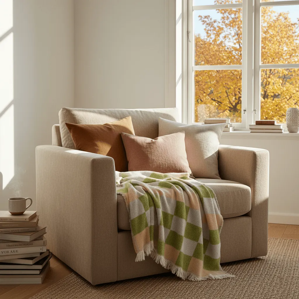 Throws - Wool blend throw - Audrey Check (beige/green/purple)