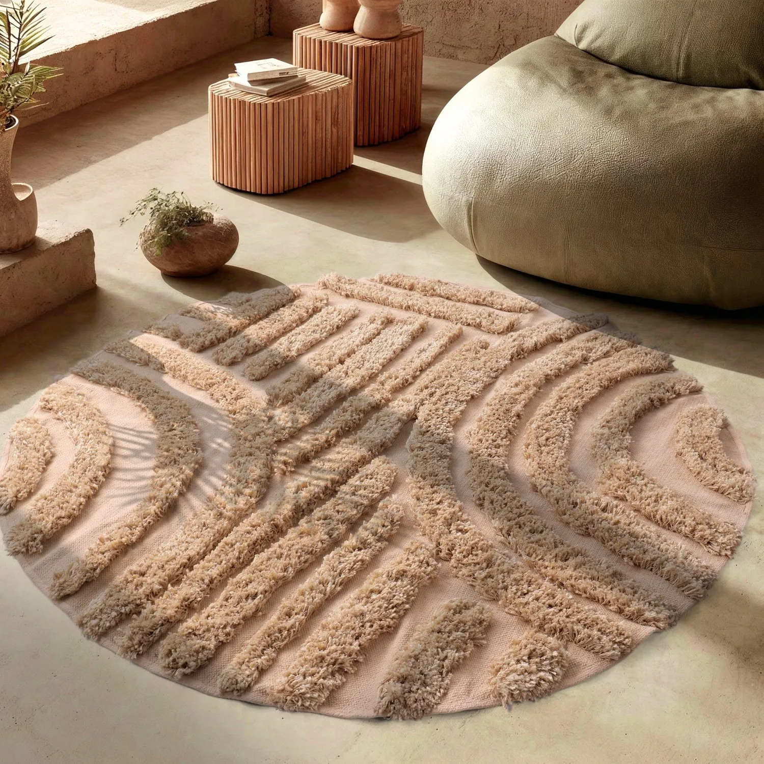 Round rug - Cazorla Natural Cotton Shaggy (beige)