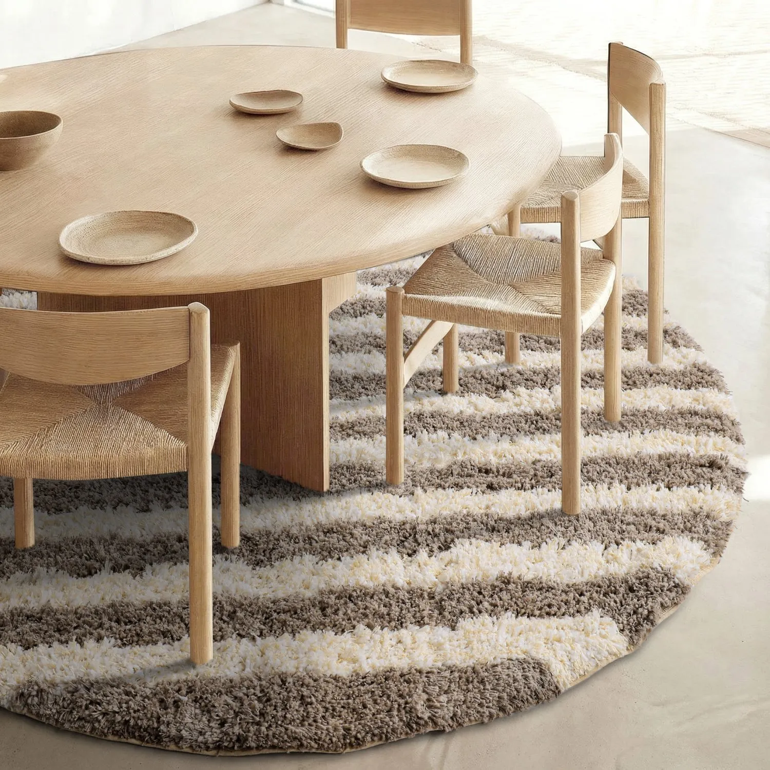Round rug - Thira Stripe Cotton Shaggy (cream/taupe)