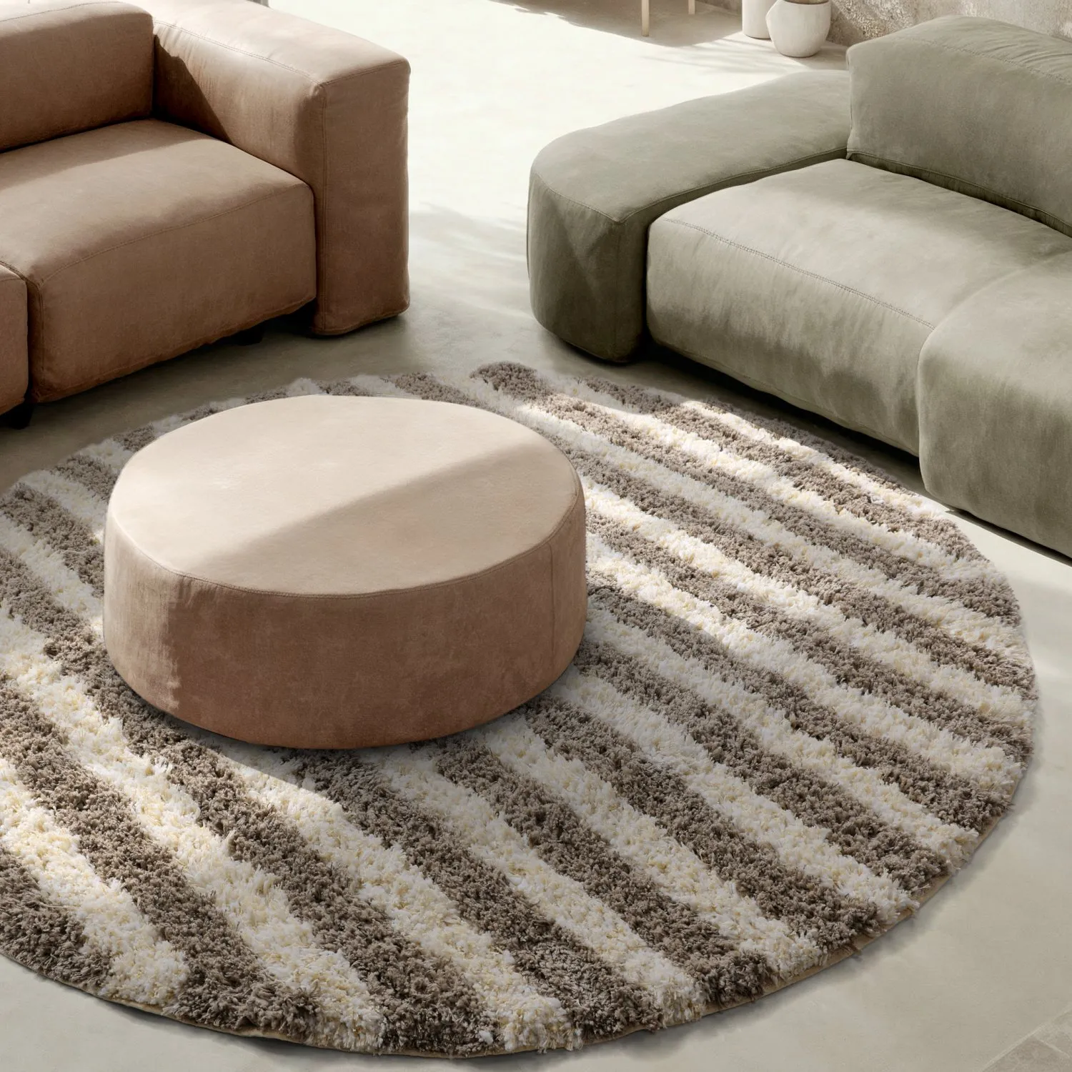 Round rug - Thira Stripe Cotton Shaggy (cream/taupe)