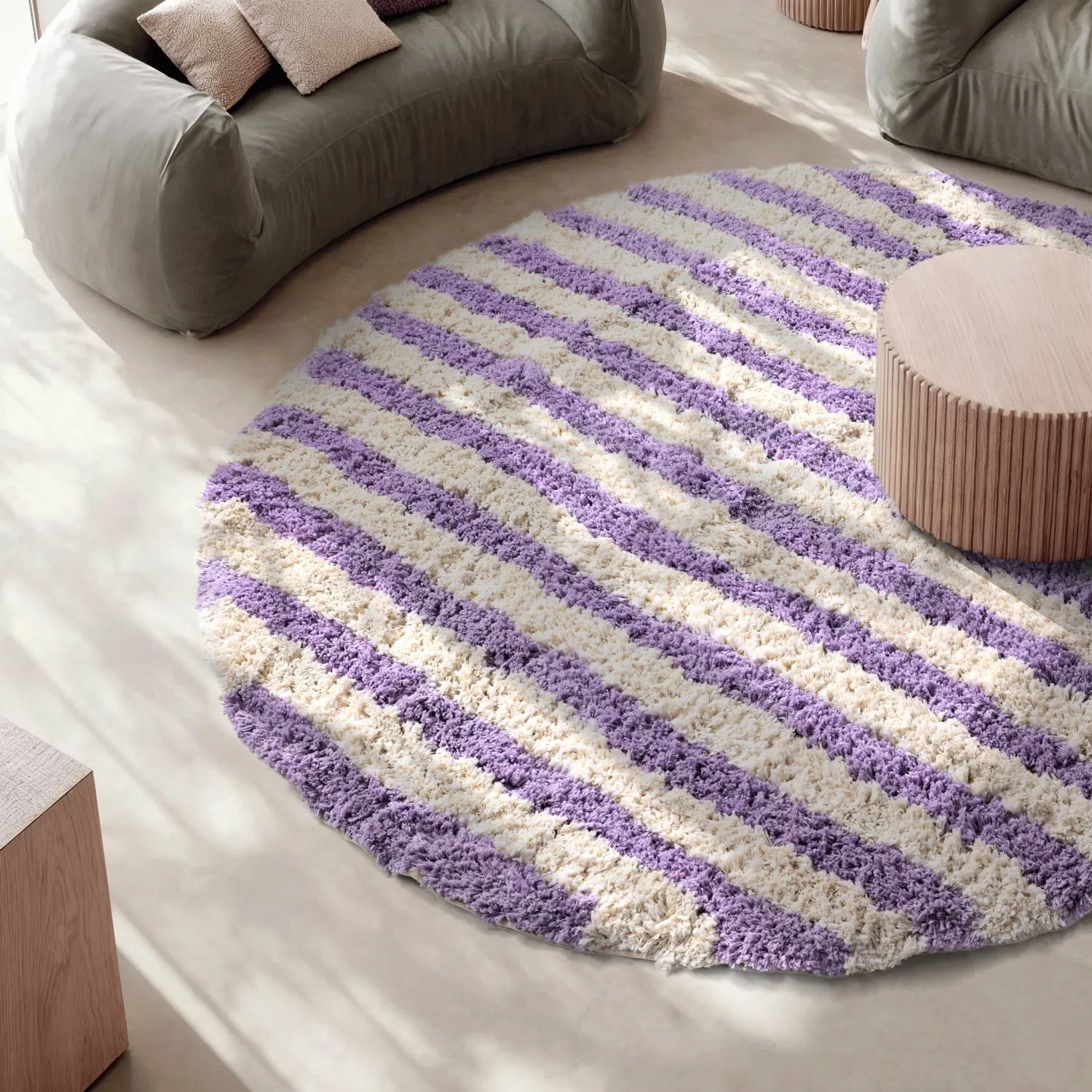 Round rug - Thira Stripe Cotton Shaggy (cream/light purple)