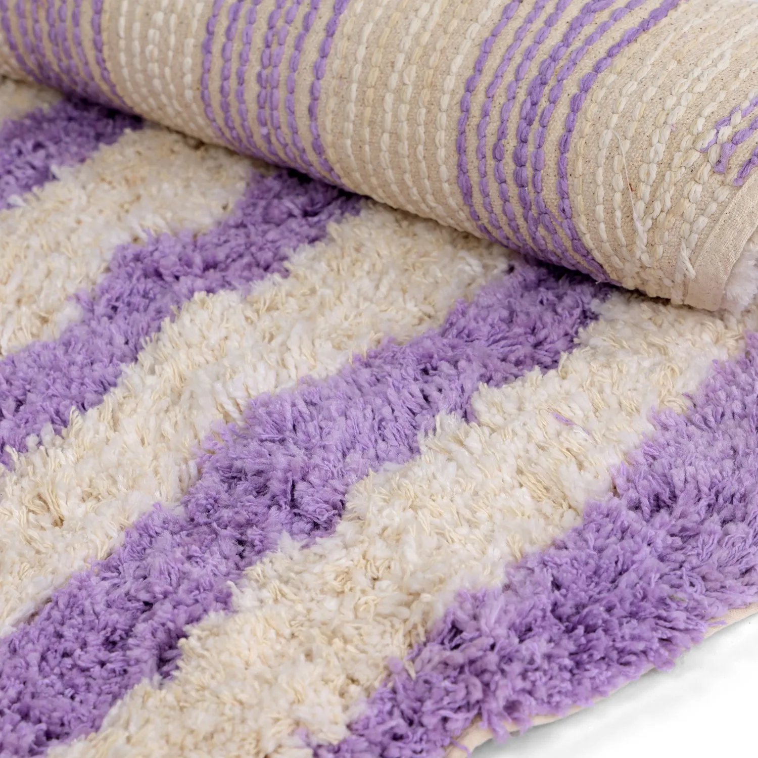 Round rug - Thira Stripe Cotton Shaggy (cream/light purple)