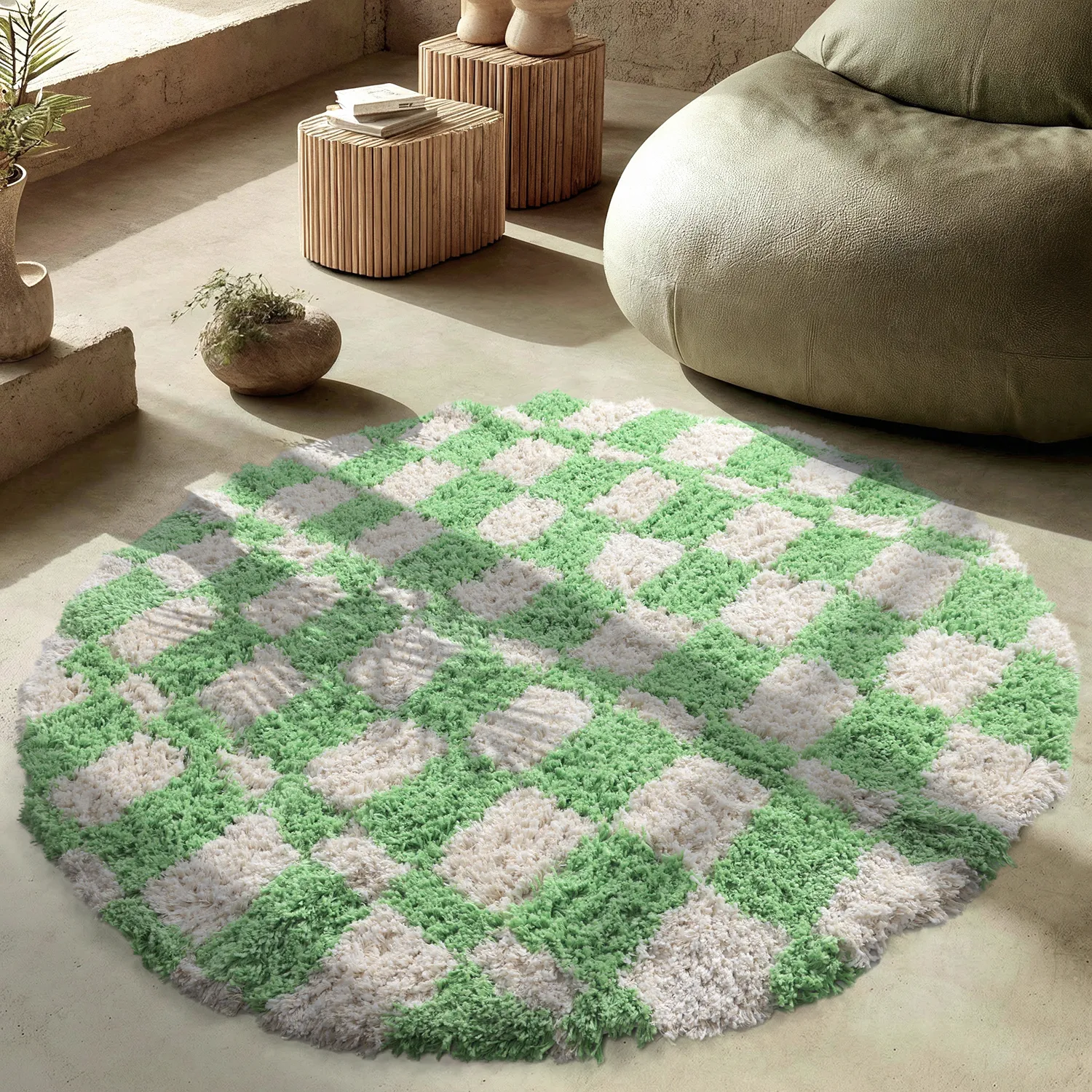 Round rug - Atrani Natural Cotton Shaggy (green)
