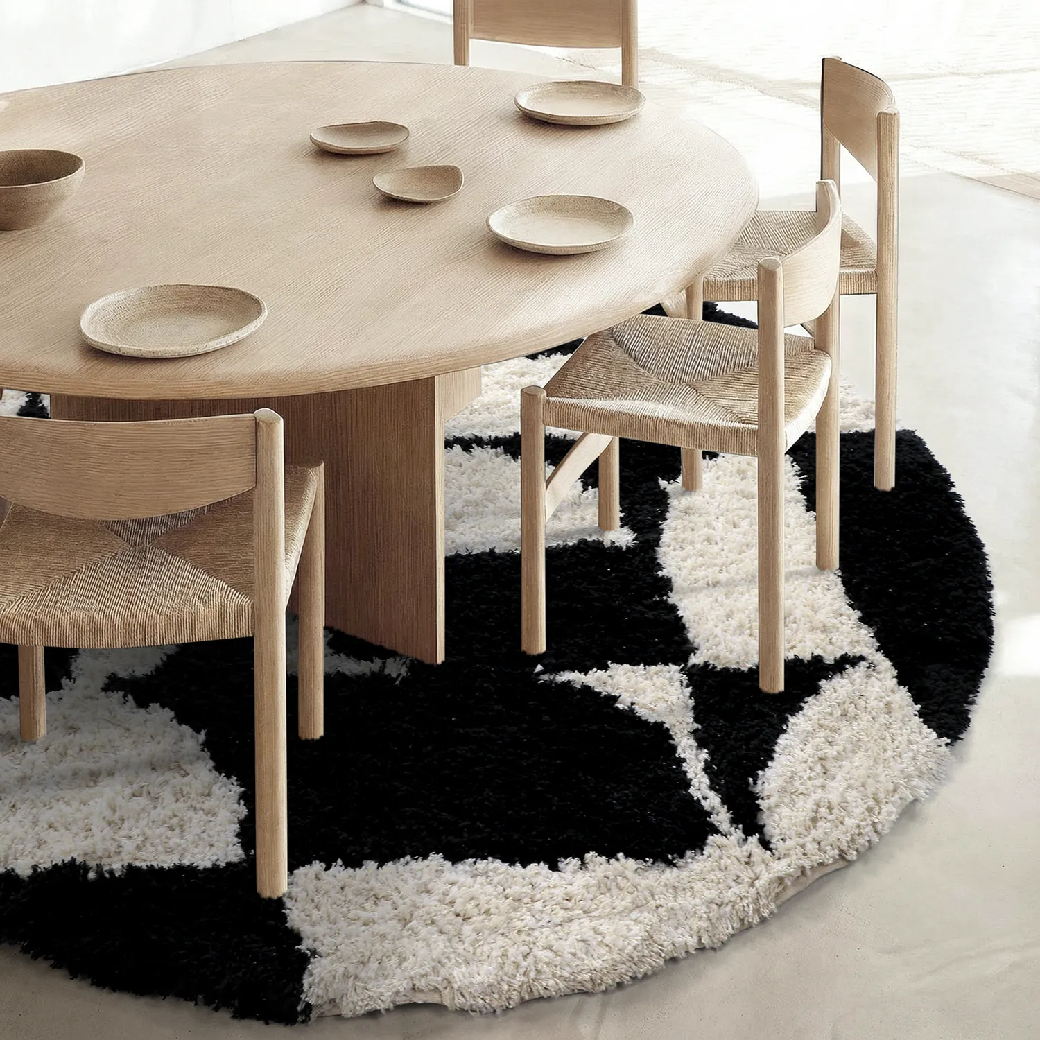 Round rug - Marvao Natural Cotton Shaggy (off-white/black)