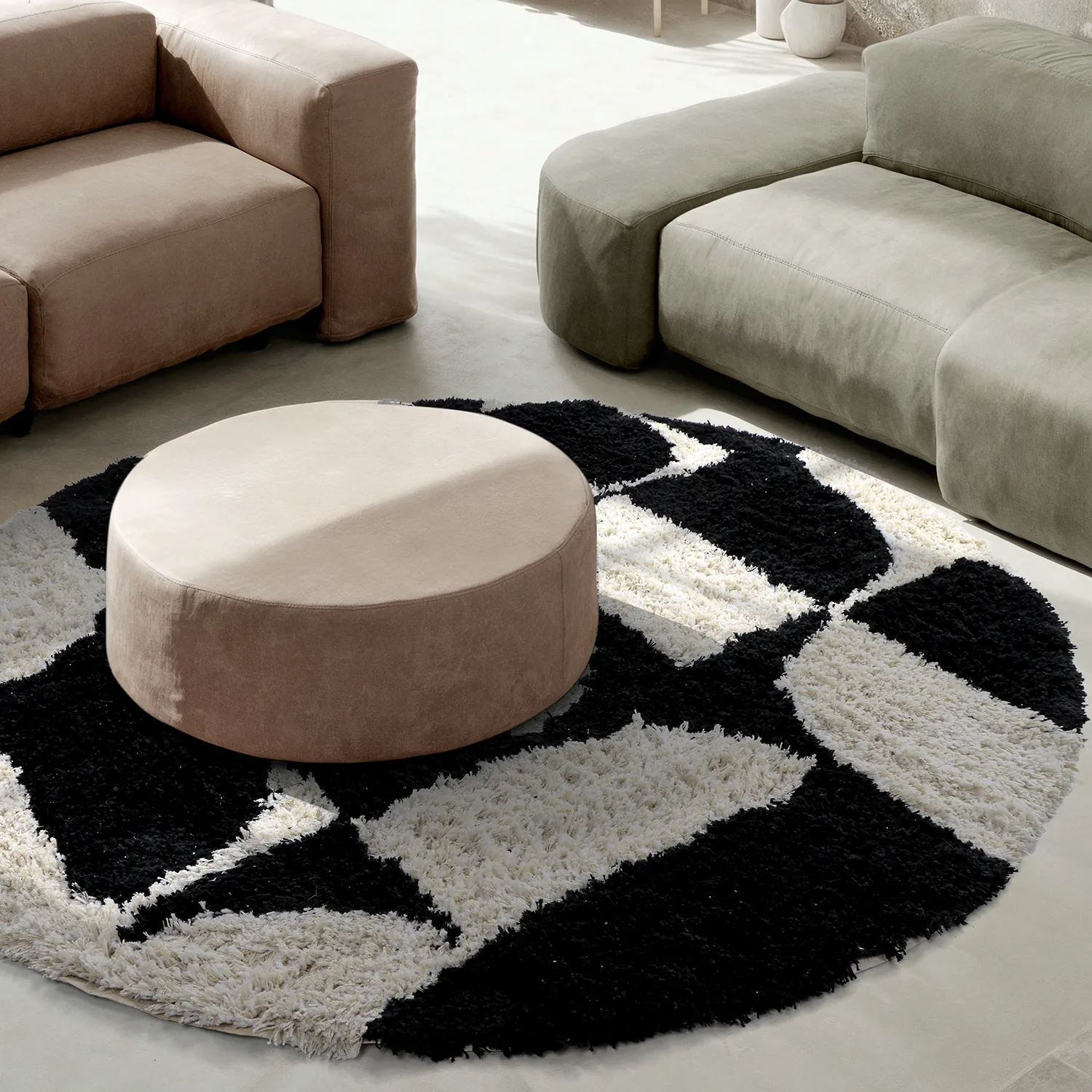 Round rug - Marvao Natural Cotton Shaggy (off-white/black)
