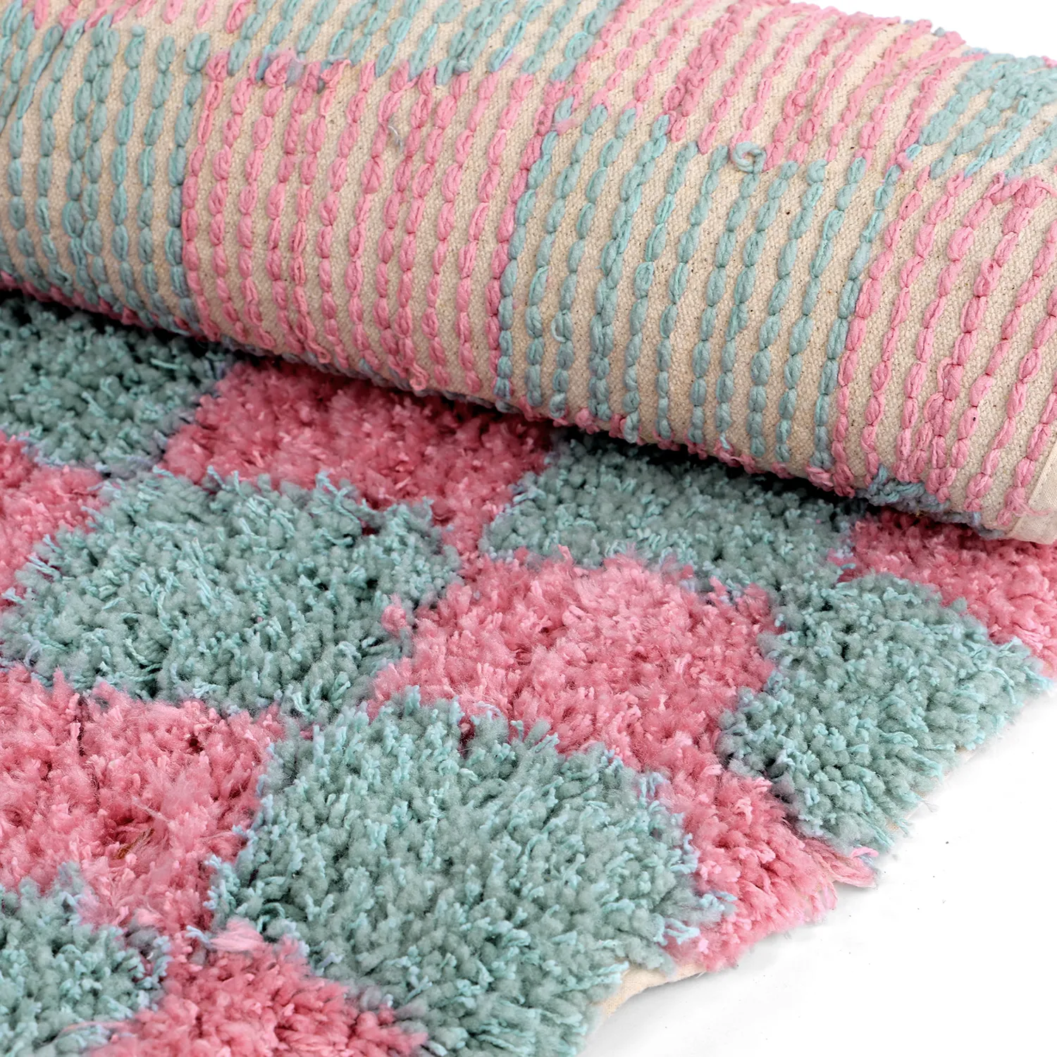 Round rug - Methoni Check Cotton Shaggy (light blue/light pink)