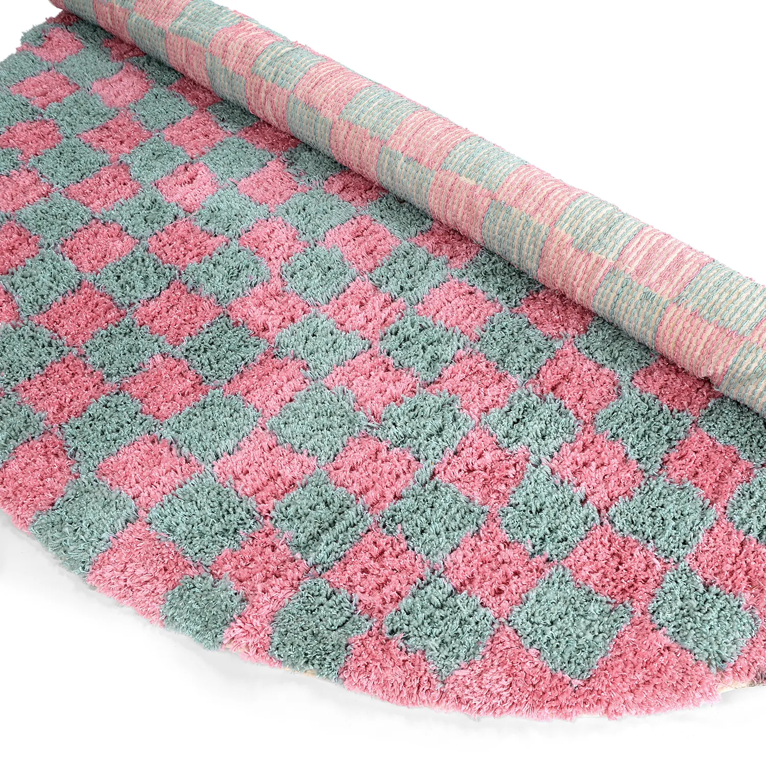 Round rug - Methoni Check Cotton Shaggy (light blue/light pink)