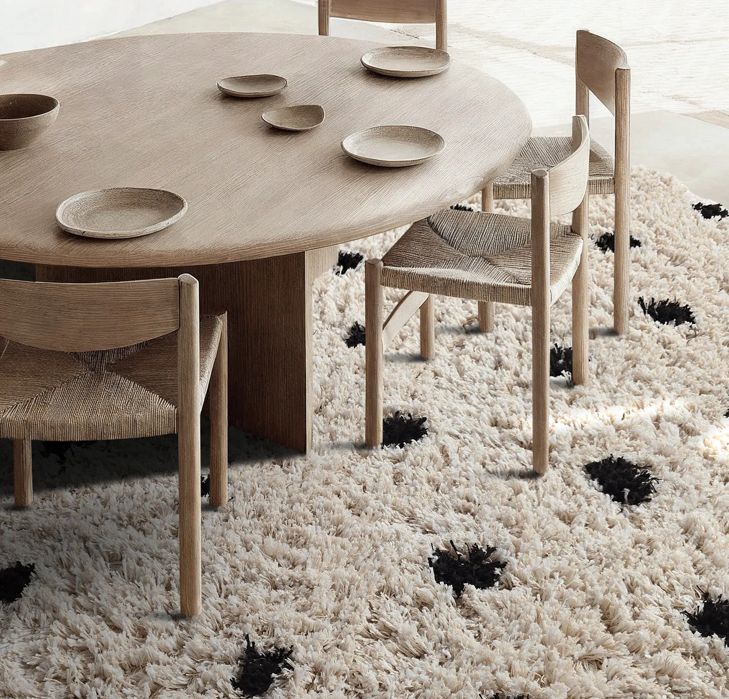 Round rug - Soria Natural Cotton Shaggy (off-white/black)