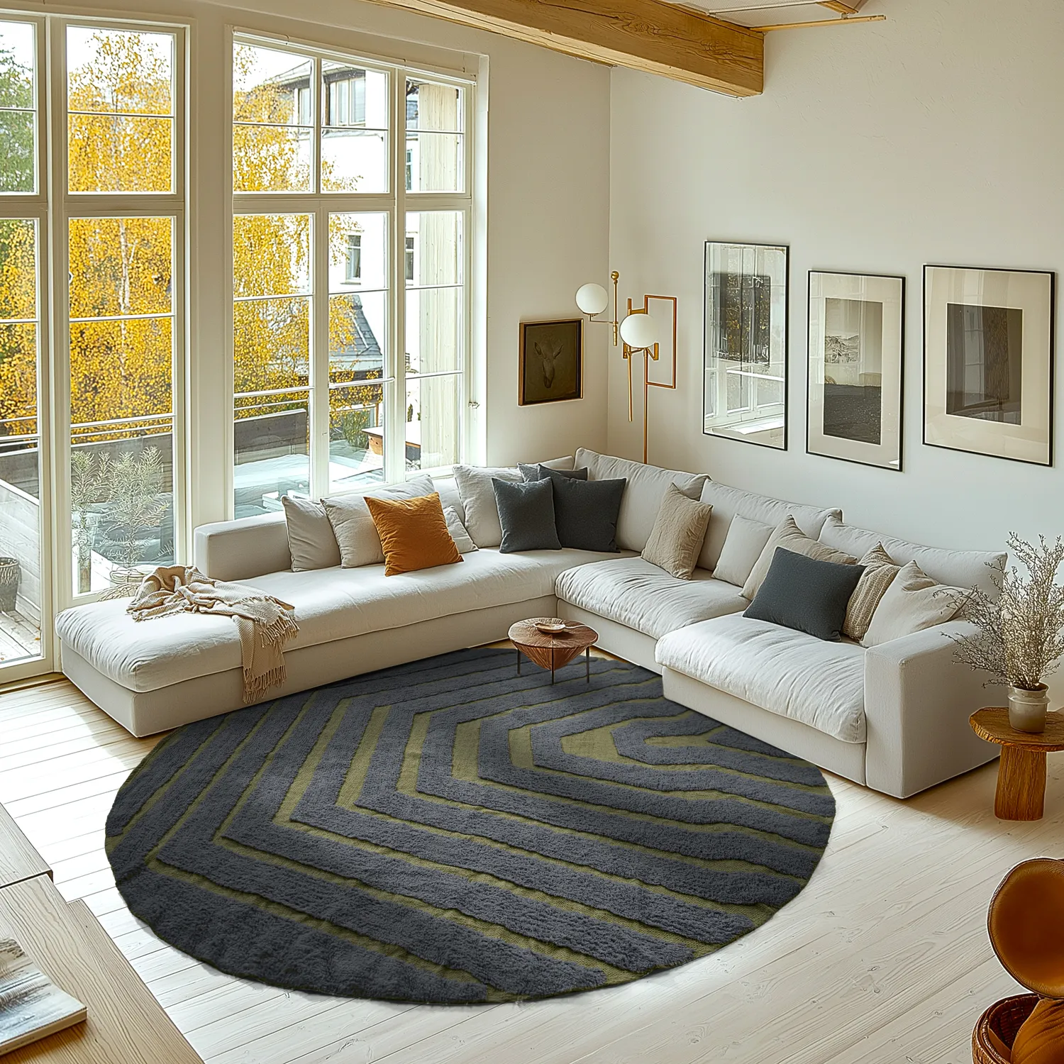 Round rug - Callista Natural Cotton Shaggy (black/green)