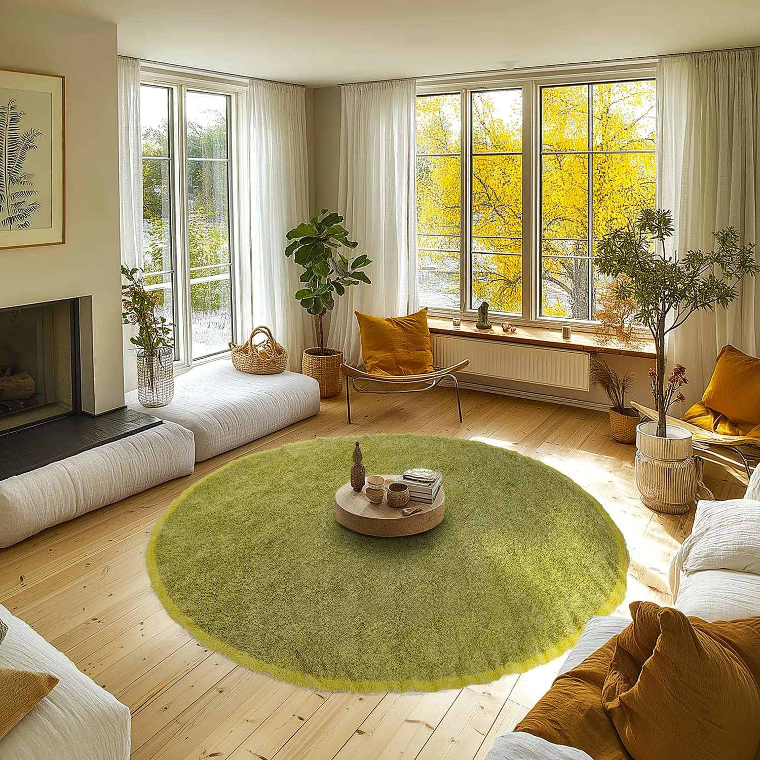 Round rug - Celina Natural Cotton Shaggy (green/yellow)