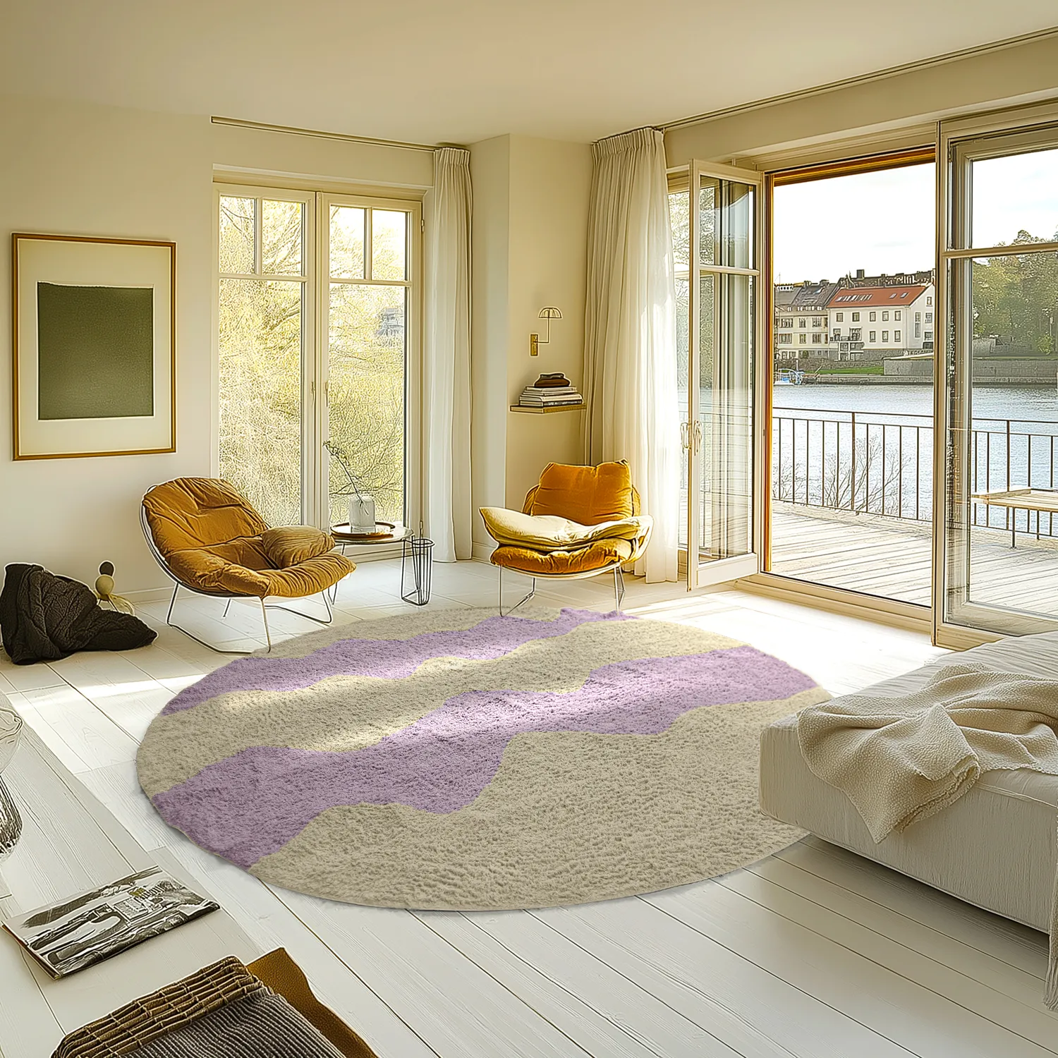 Round rug - Amira Natural Cotton Shaggy (beige/purple)