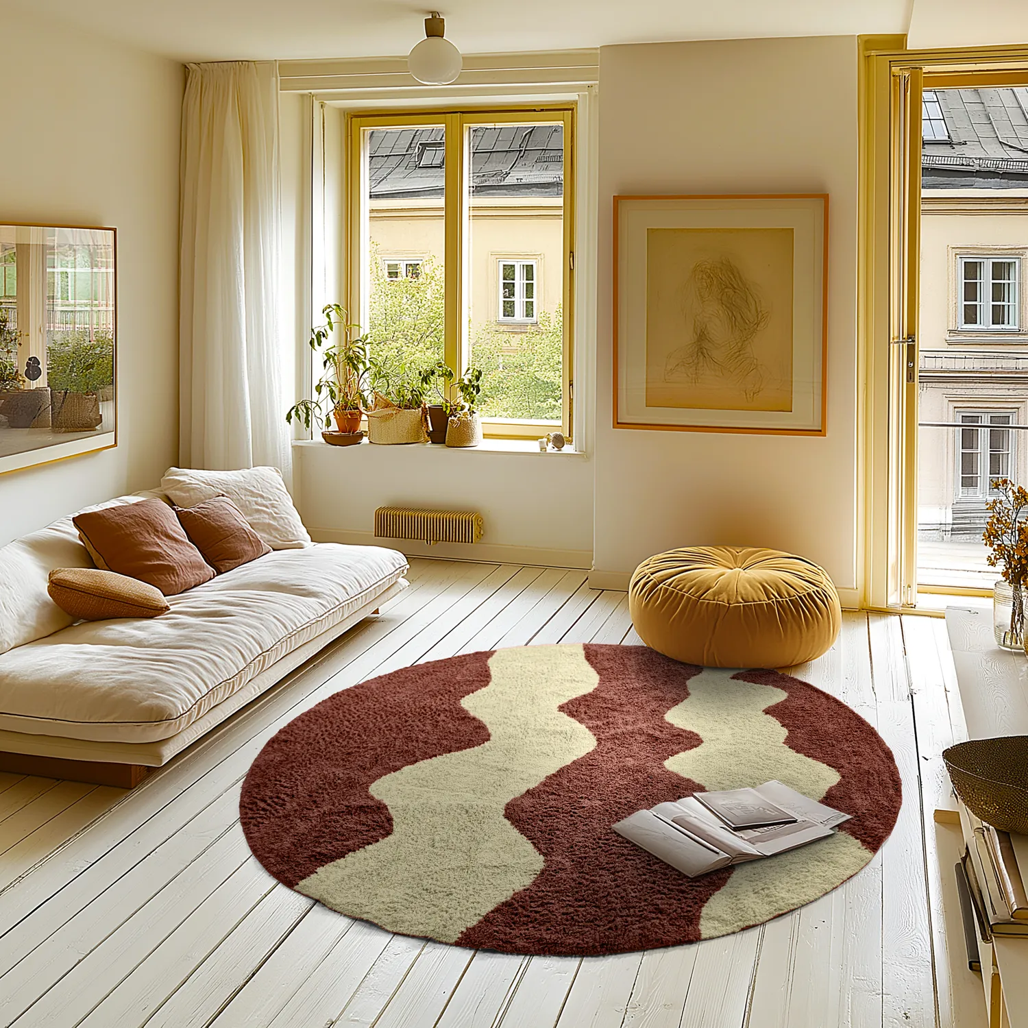 Round rug - Amira Natural Cotton Shaggy (red/beige)