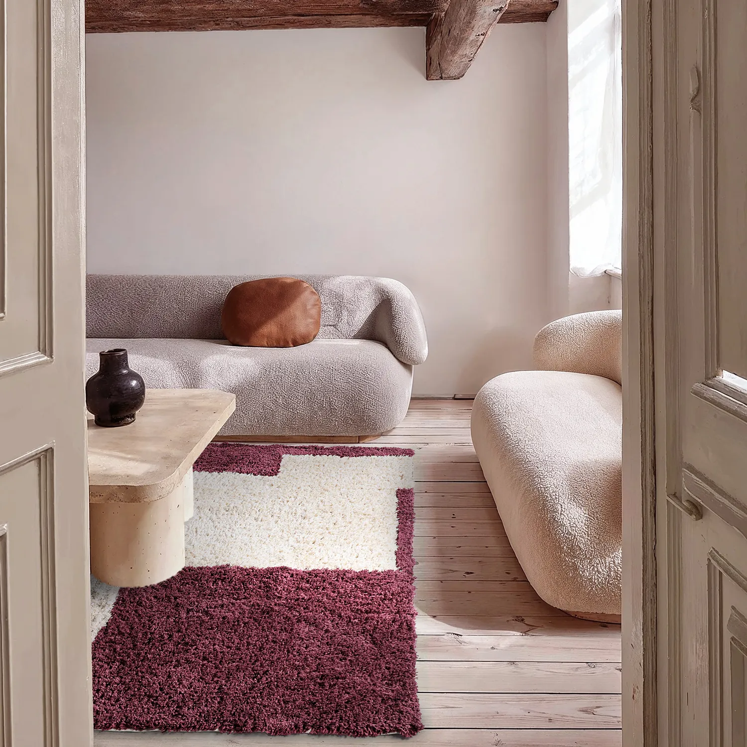 Shaggy rugs - Begur Natural Cotton Shaggy (off-white/burgundy)