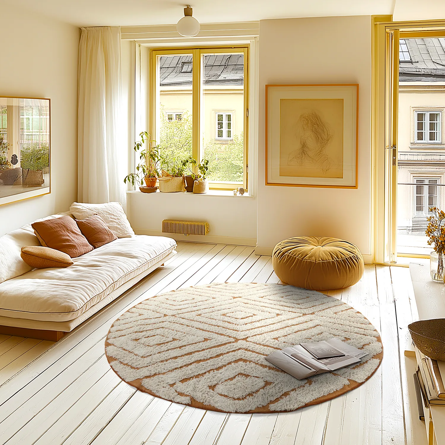 Round rug - Holwell Natural Cotton Shaggy (off white/brown)