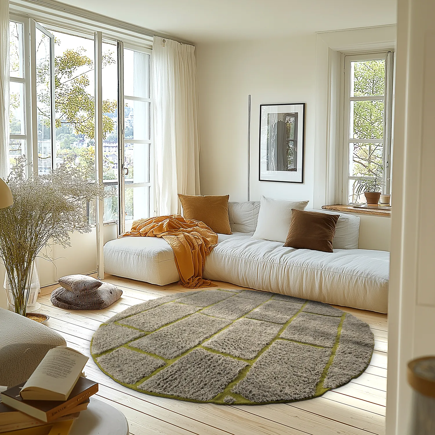 Round rug - Lindley Natural Cotton Shaggy (greige/green)