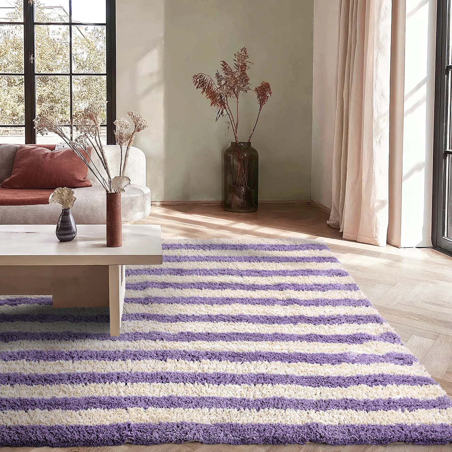 Shaggy rugs - Thira Stripe Cotton Shaggy (cream/light purple)