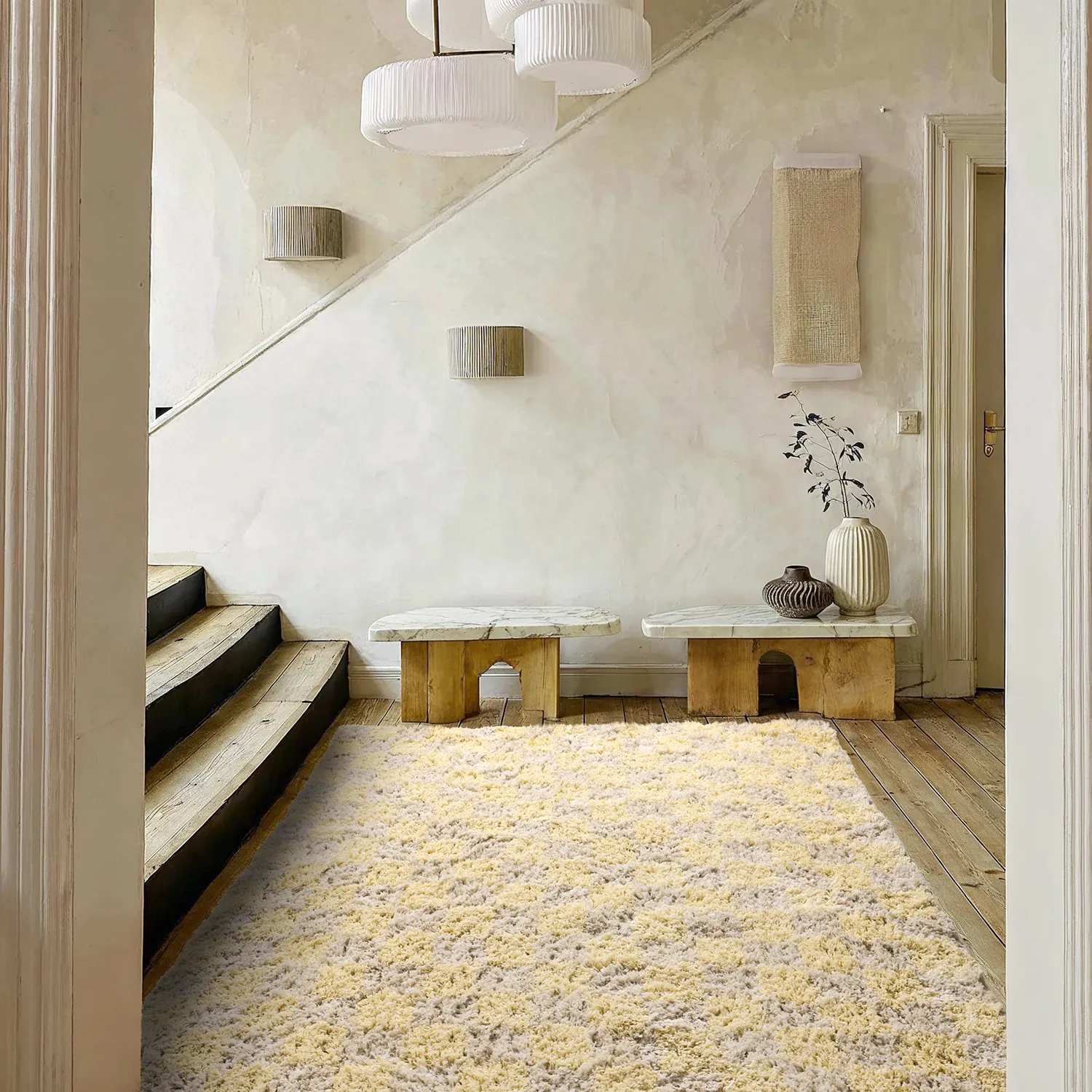 Shaggy rugs - Methoni Check Cotton Shaggy (cream/light yellow)