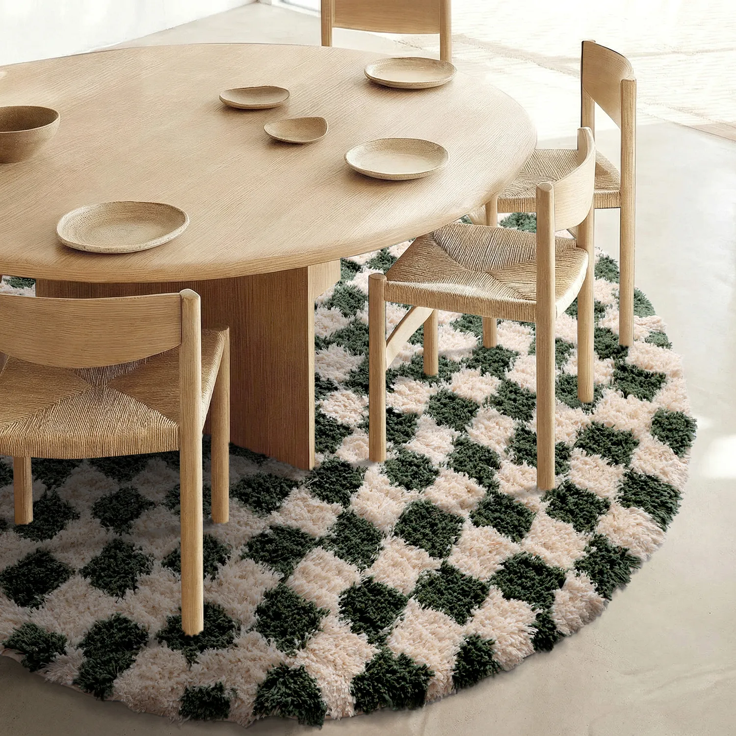 Round rug - Methoni Check Cotton Shaggy (cream/green)