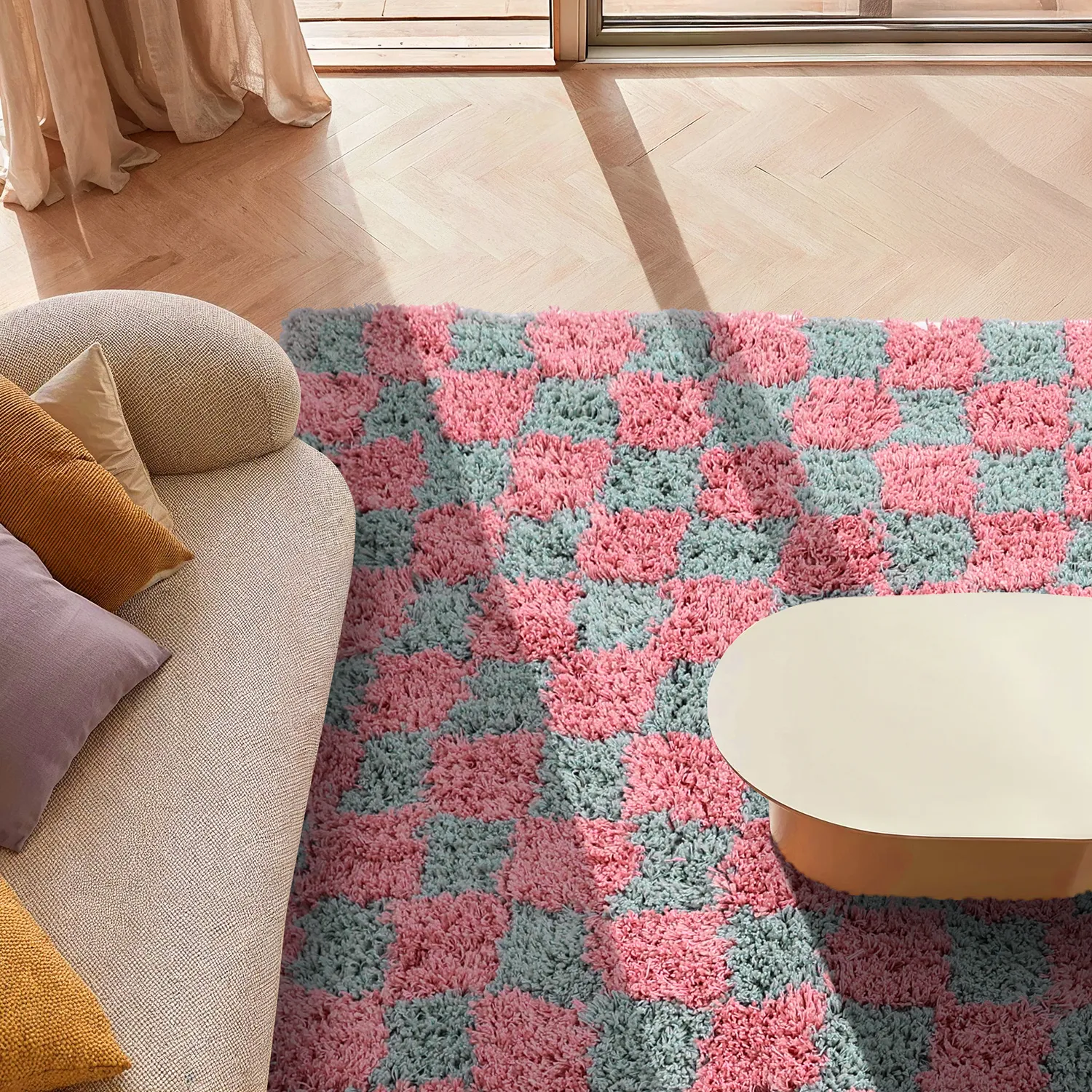 Shaggy rugs - Methoni Check Cotton Shaggy (light blue/light pink)