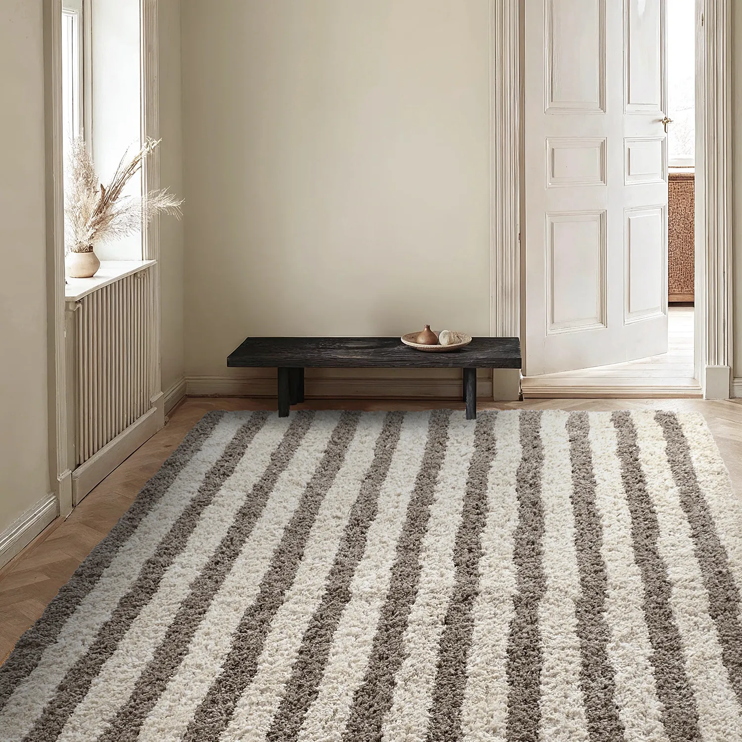 Shaggy rugs - Thira Stripe Cotton Shaggy (cream/taupe)